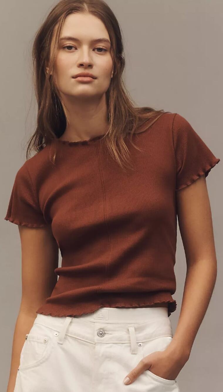 NWT Anthropologie Pilcro Ruffle-Trim Baby T-Shirt Brown Medium Neutral Casual
